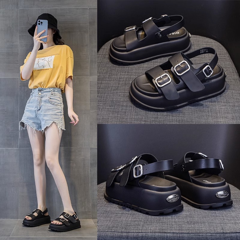 Gu Yunqi Genuine Leather Platform Roman Sandals for Women 2023 Summer New Casual Belt Buckle Beach Shoes for Women Fashion