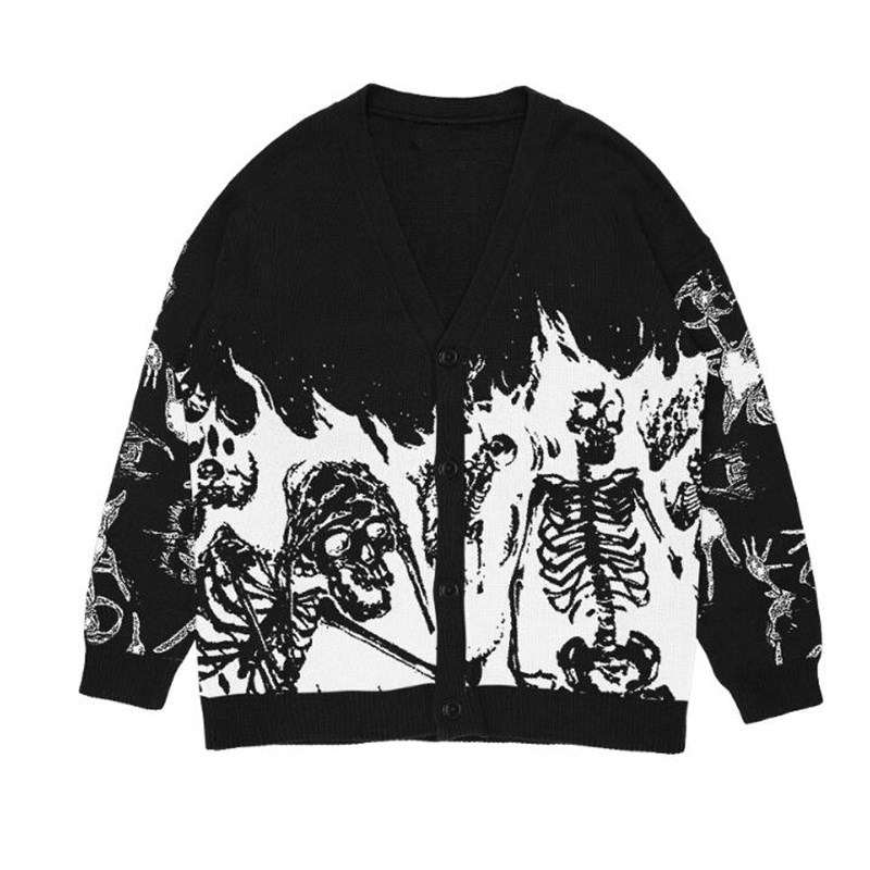 复古毛衣骷髅提花v领长袖女男针织开衫秋冬宽松oversize开衫毛衣