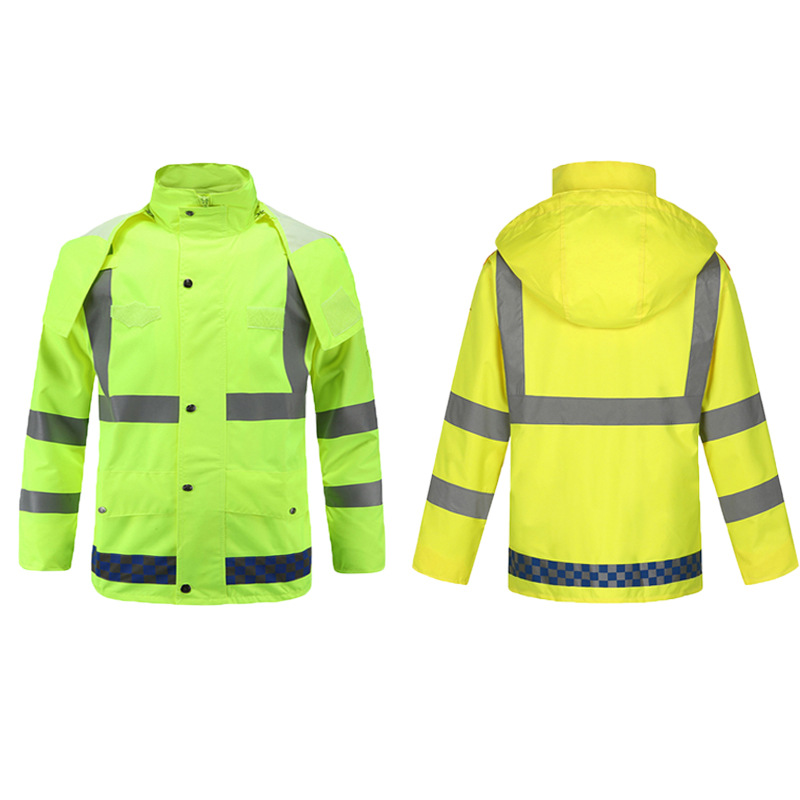 300D Oxford Cloth Fluorescent Yellow Split Raincoat Outdoor Traffic Duty Raincoat Suit Double-Layer Reflective Raincoat Pu