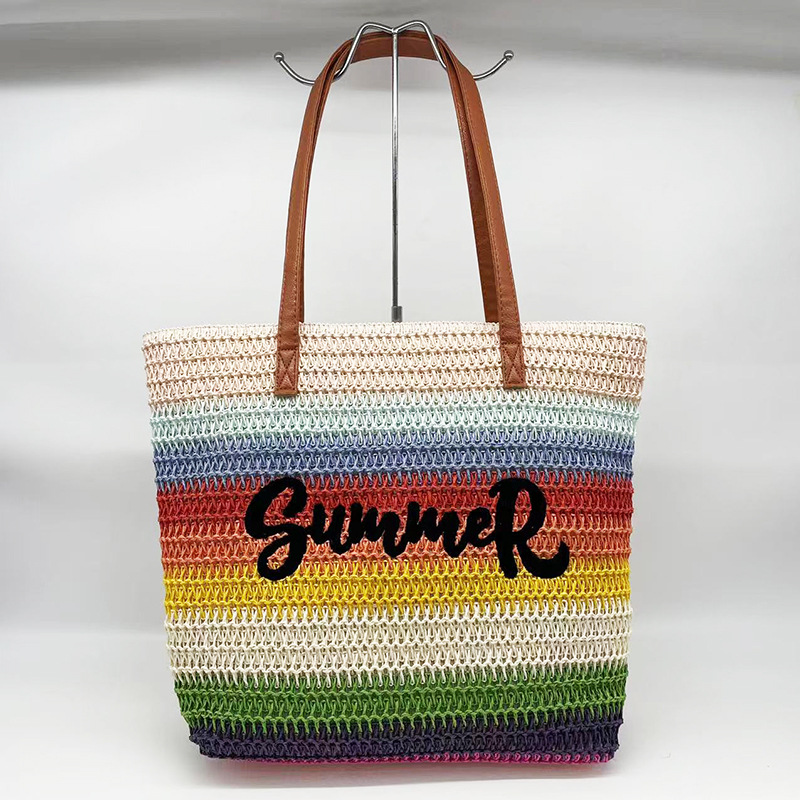 New Straw Bag Women's Large-Capacity Shopping Bags Striped Letters Beach Bag Foreign Trade Handbag Factory Wholesale