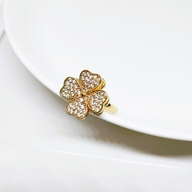 抖音爆款旋转四叶草戒指女微镶锆石满钻幸运草食指戒潮女手饰品