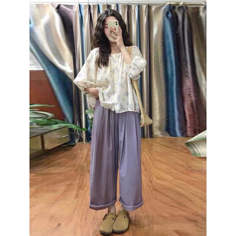 夏装搭配阔腿裤法式甜美减龄碎花衬衫上衣显瘦套装休闲裤子两件套
