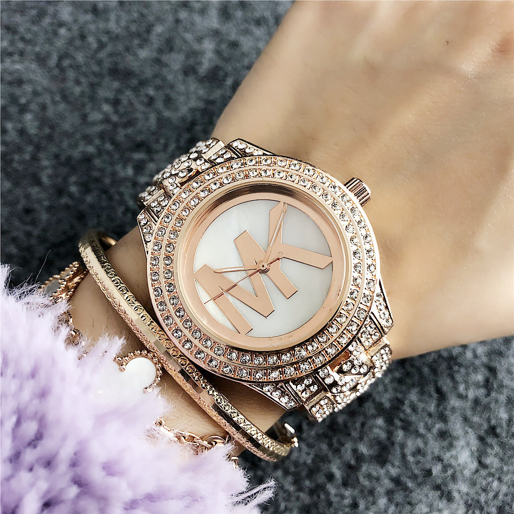 亚马逊爆品欧美热卖tommy手表满钻珍珠贝母面女表莫桑石手表mk