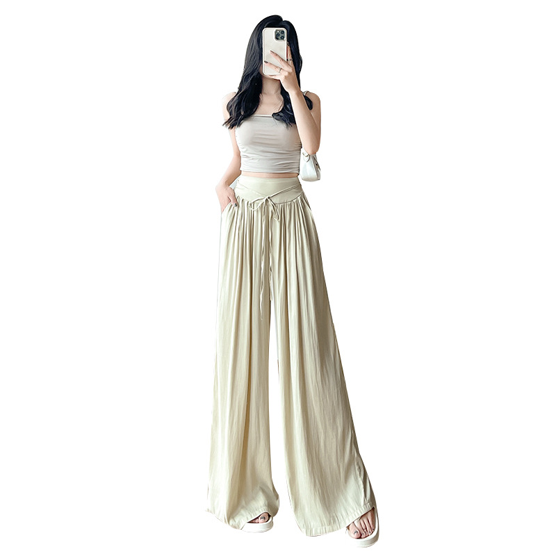 Ice Silk Wide-Leg Pants Women's Pants Summer Thin Loose and Idle Walking Casual Pants Straight Draping Effect Pleated Pantskirt