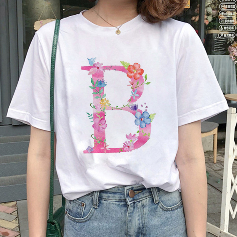 速卖通欧美女装26鲜花英文字母abcd休闲印花短袖t恤女圆领上衣女