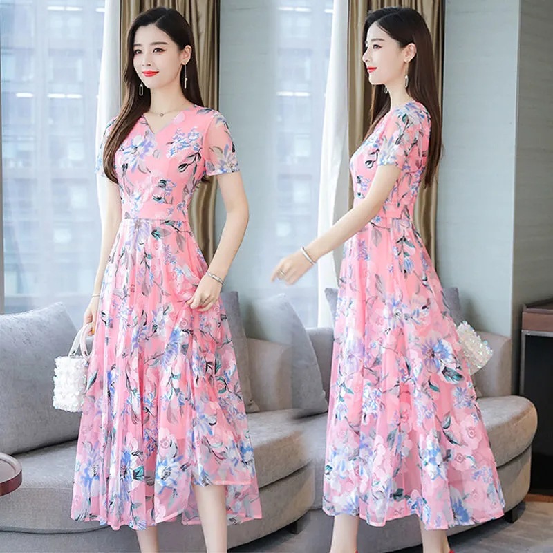 Summer Korean Style Dress 2023 New Printed Large-Sized Skirt Long Women's Mother Floral Middle-Aged and Elderly Beach Dress