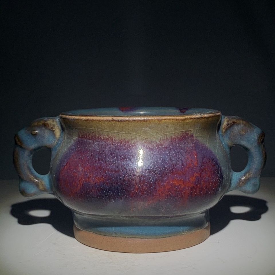 热卖古董宋钧窑双耳窑单色釉老物件旧货老瓷器古玩真品包老包真收