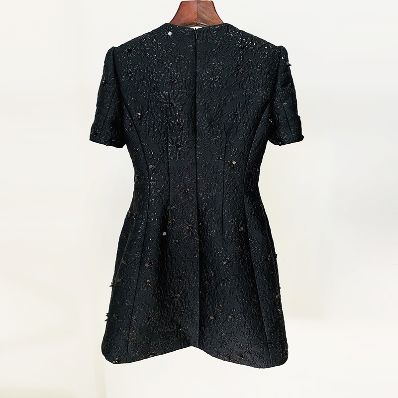 In Stock 2023 New European and American Star Fashion Elegant Graceful Jacquard Heavy Industry Beads Short Sleeve Dress
