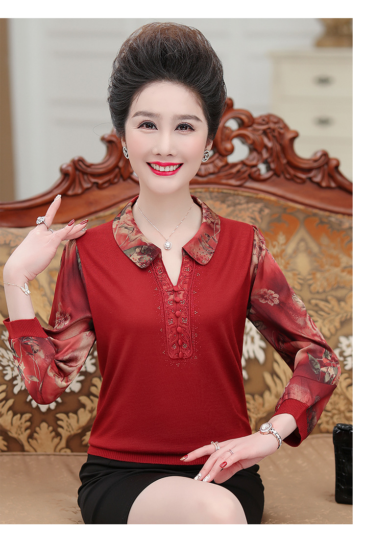 中年妈妈小衫早春新款洋气翻领针织上衣中老年春秋高贵雪纺t恤女