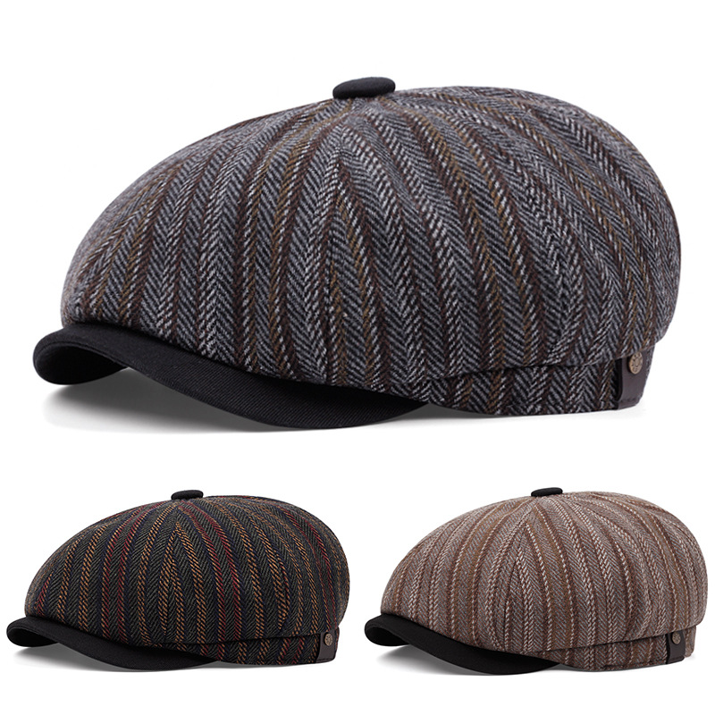 striped color matching octagonal cap new four seasons all-matching retro beret decoration matching newsboy cap trendy