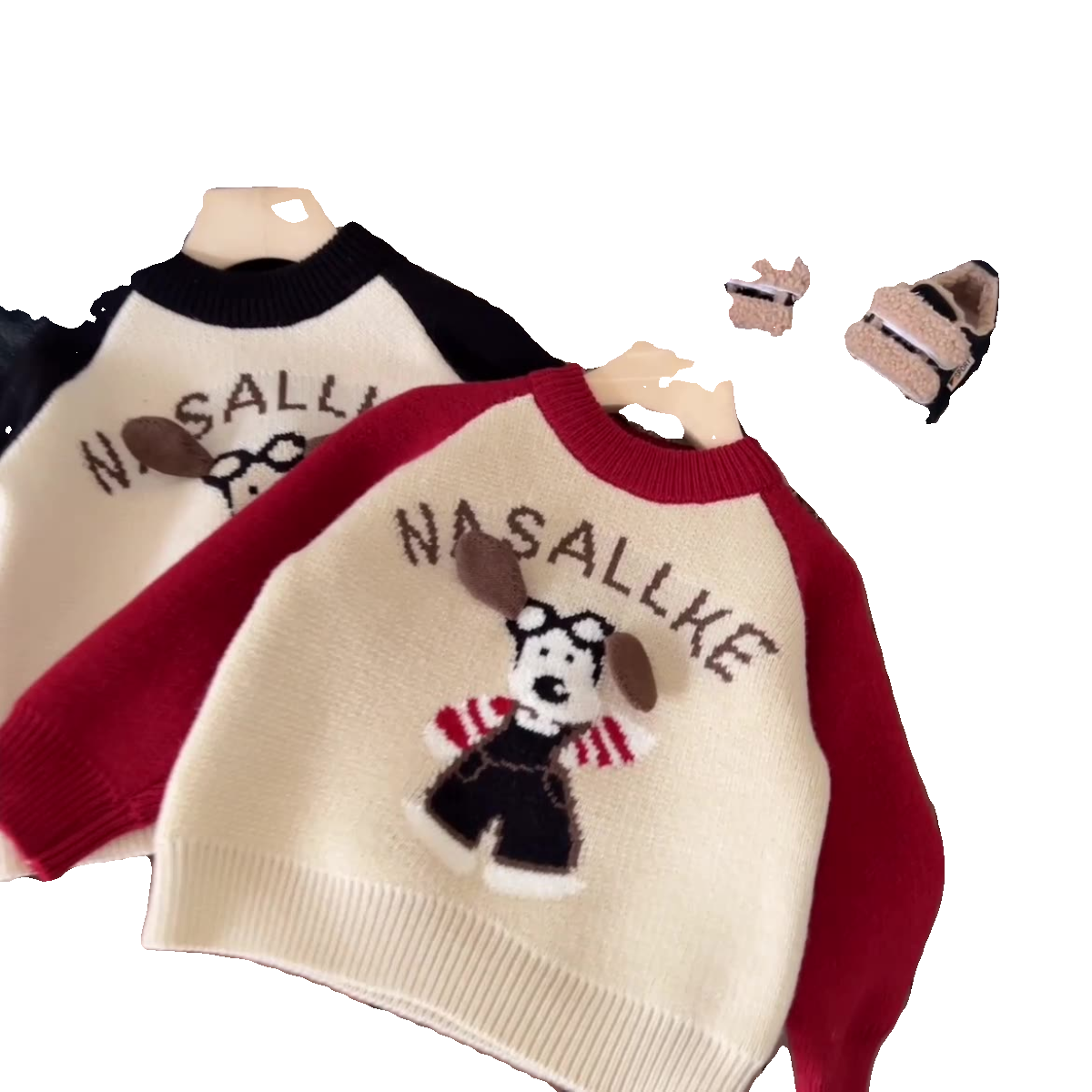 儿童毛衣2023冬款男女童加绒加厚插肩袖针织衫宝宝卡通小狗上衣