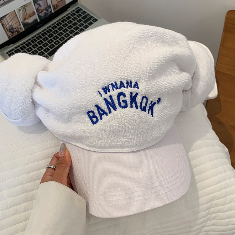 小众设计桑拿毛巾羊角帽女字母刺绣鸭舌帽子可爱凹造型宽檐棒球帽