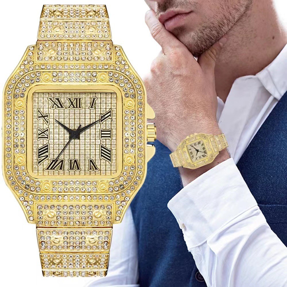 Cross-Border Square Watch Starry Steel Belt Diamond-Embedded European and American Men's Roman Scale Starry Fashion Quartz Watch