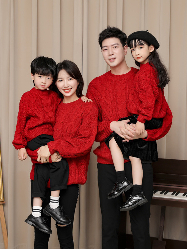 亲子装一家三口毛衣男童红色儿童女童新年过年童装冬