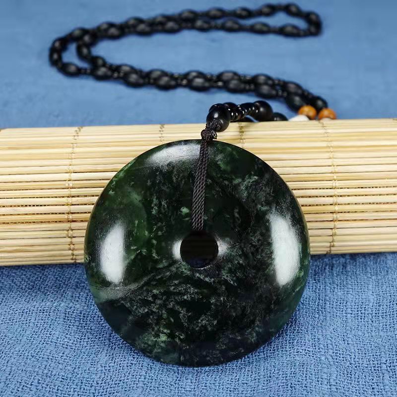 藏玉药王石蛇纹玉平安扣无事牌吊坠天珠平安牌橄榄绿墨玉陨石挂件