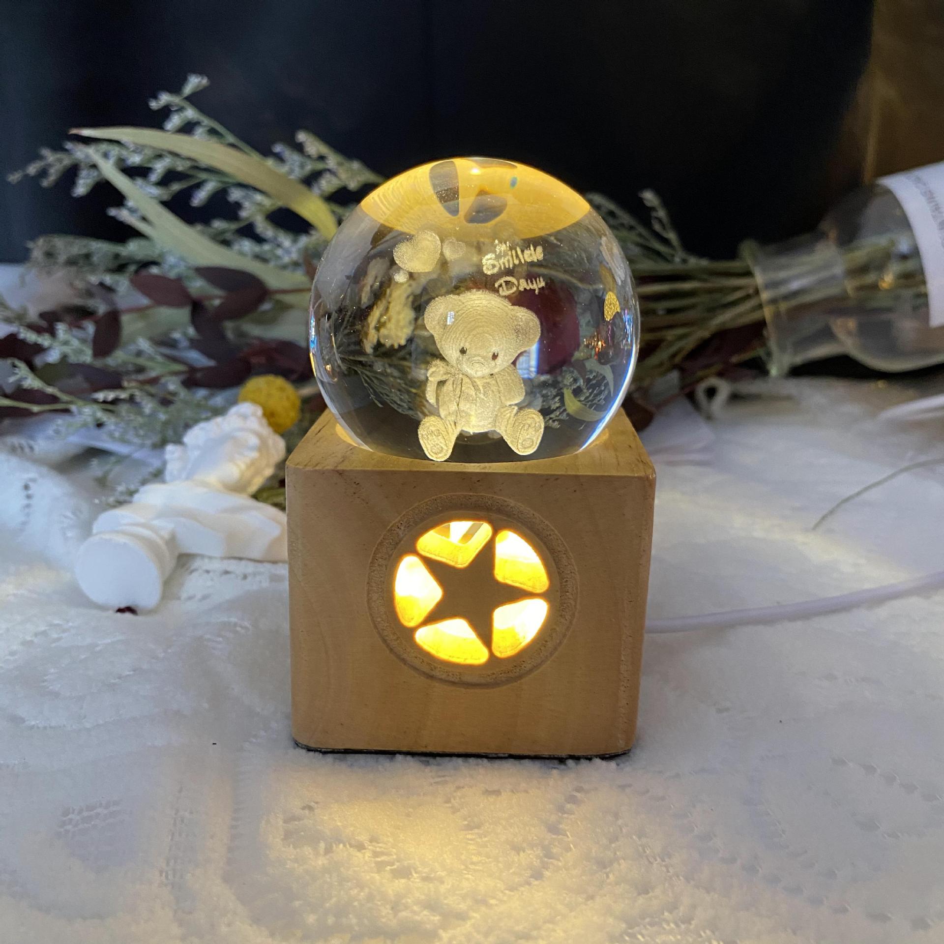 创意礼品实木led发光水晶球底座小夜灯工艺礼品水晶球灯座usb接口