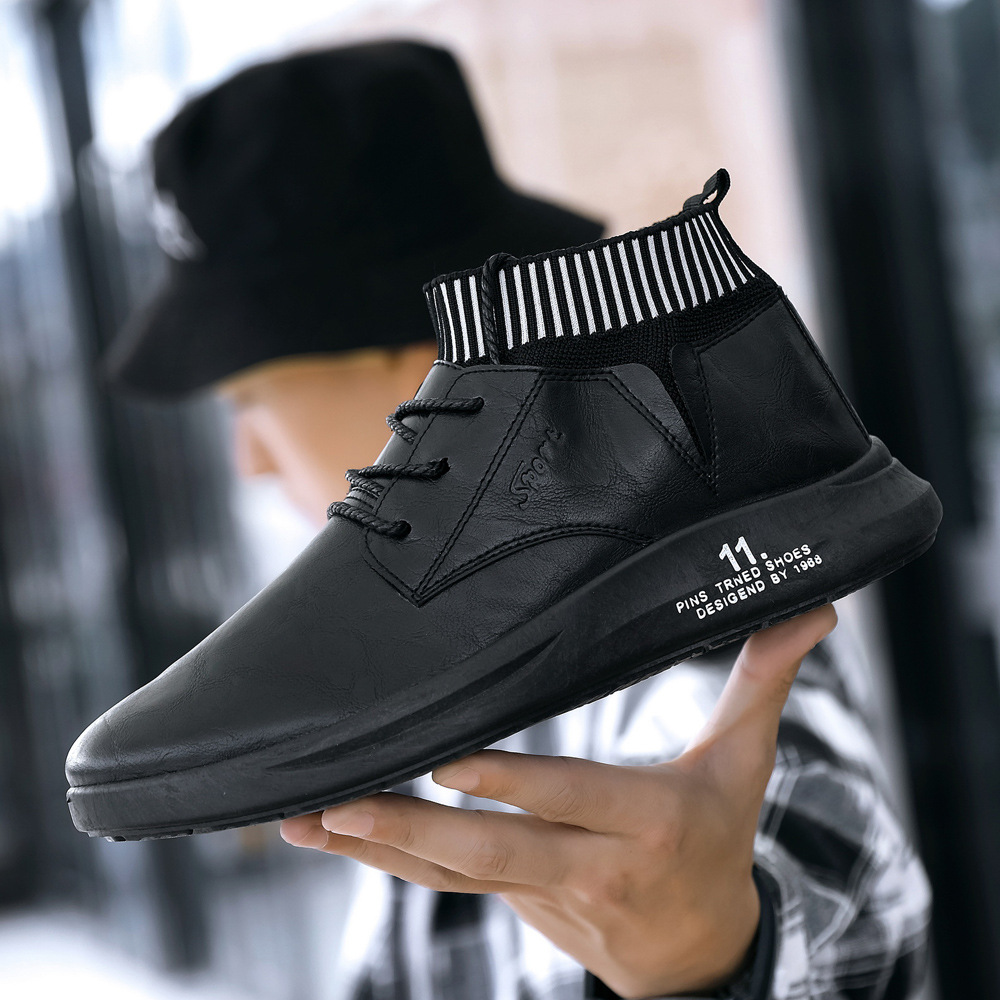 Cross-Border Men's Leather Shoes Popular Socks Casual Men's Shoes Street Shooting Fashion Trendy Shoes Leather Middle High Top Men's Shoes