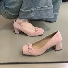 轻奢小众仙女高跟鞋女2024年新款粉色法式气质优雅绒面粗跟单鞋女