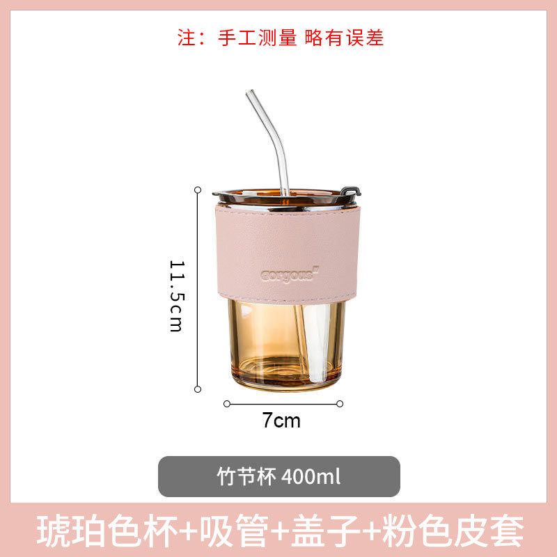 glass cup Bamboo Joint Cup Good-looking Glass Printed Cup with Straw Small Gift Coffee Cup Cup with Hand Gift Advertising Water Cup