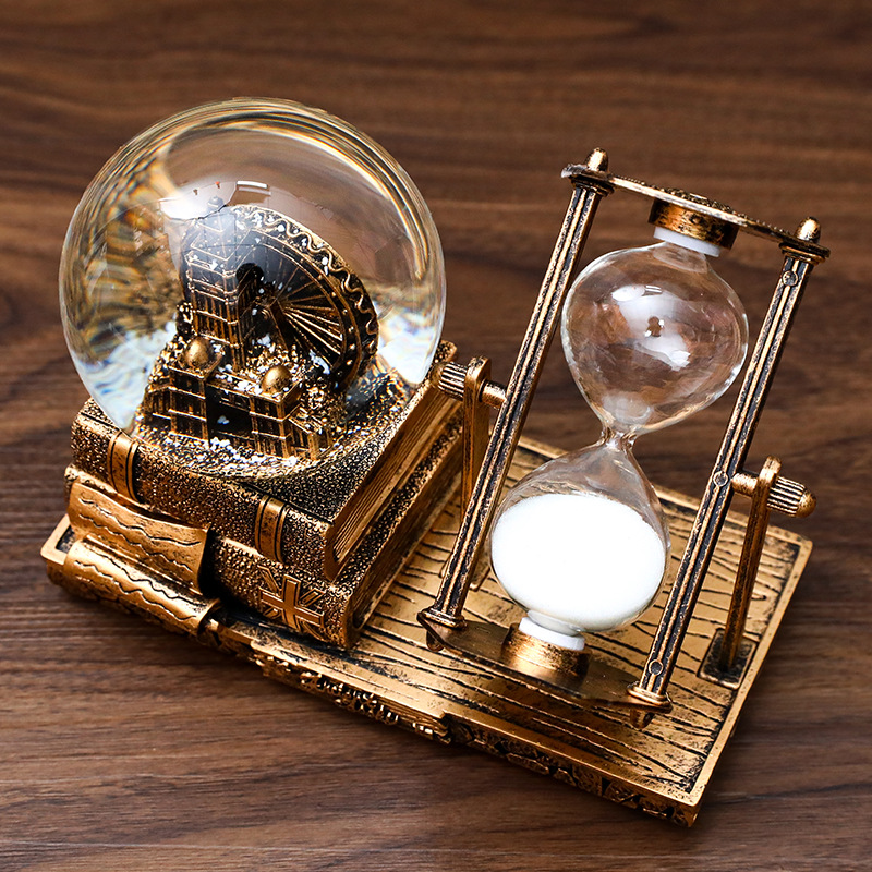 Retro Tower Hourglass Timer Crystal Ball Music Box Luminous Desktop Decoration Student Graduation Christmas Gift