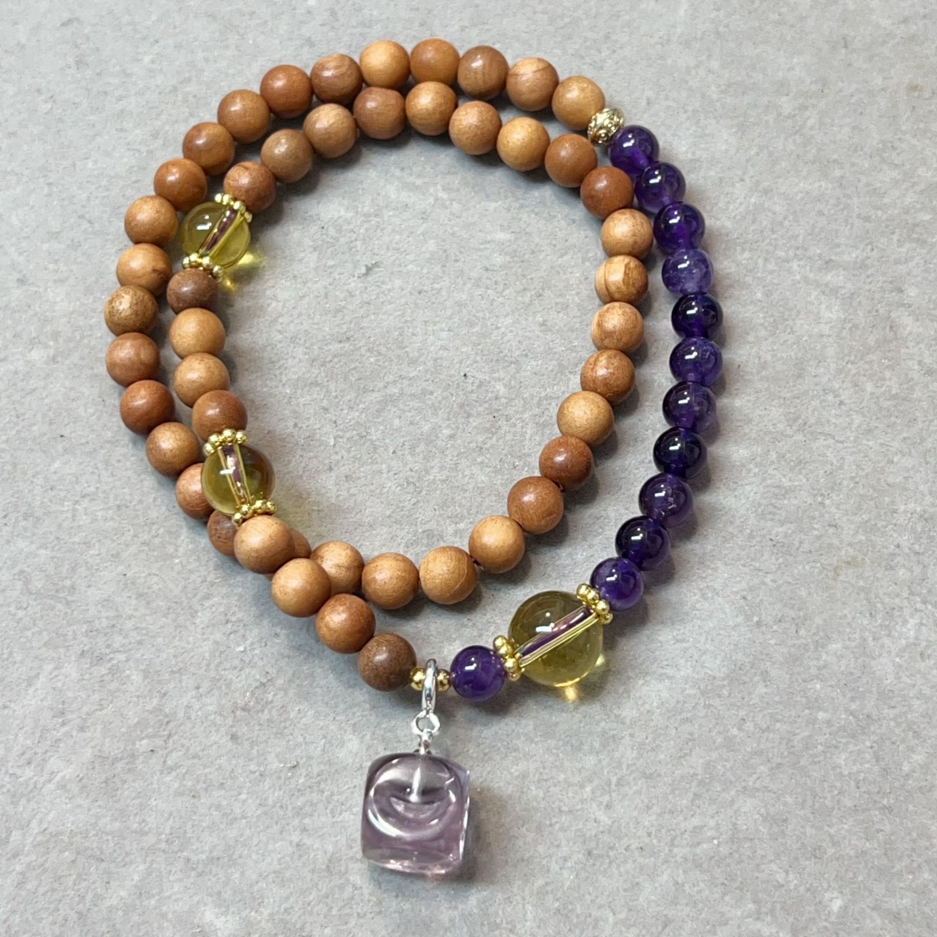 檀木搭配紫水晶双圈手串搭配黄水晶圆珠紫水晶方糖手链九紫离火