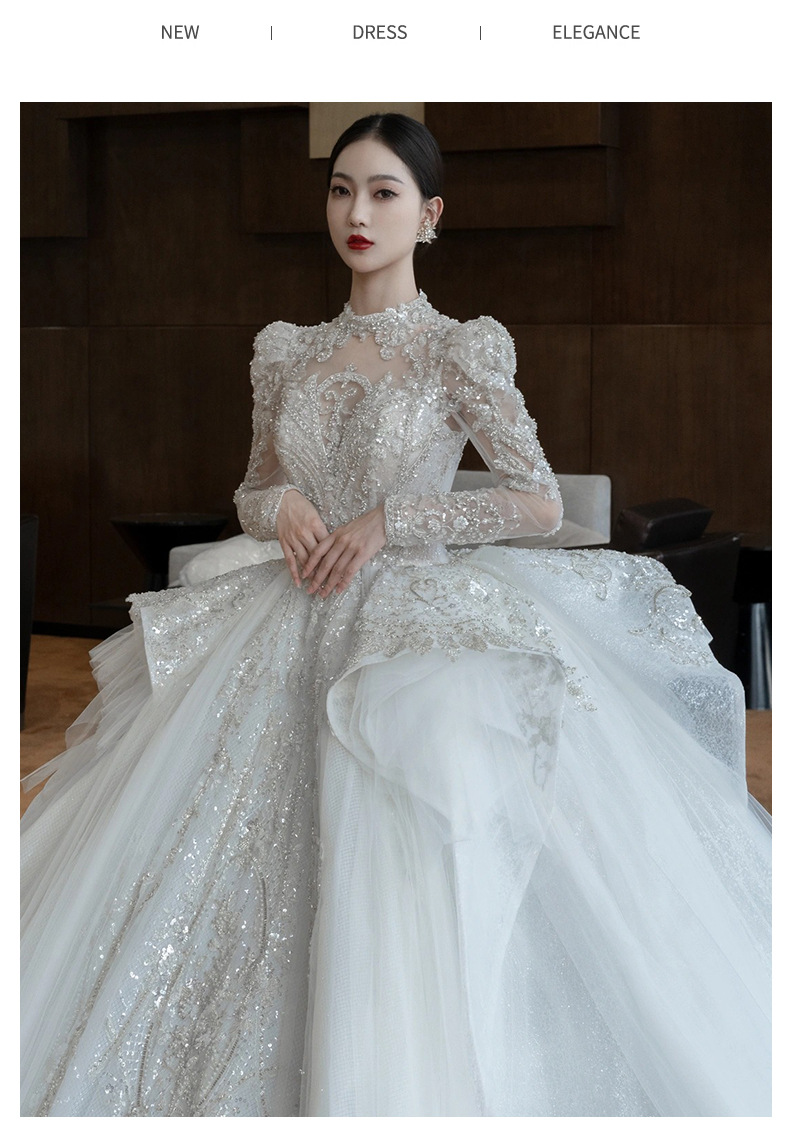 主婚纱长袖婚纱2021新款冬季新娘主高端大拖尾复古宫廷风质感代发