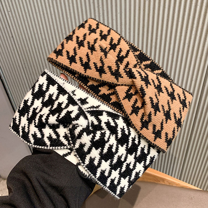 网红复古千鸟格发带女秋冬韩国交叉宽边毛线发箍百搭时尚针织头饰