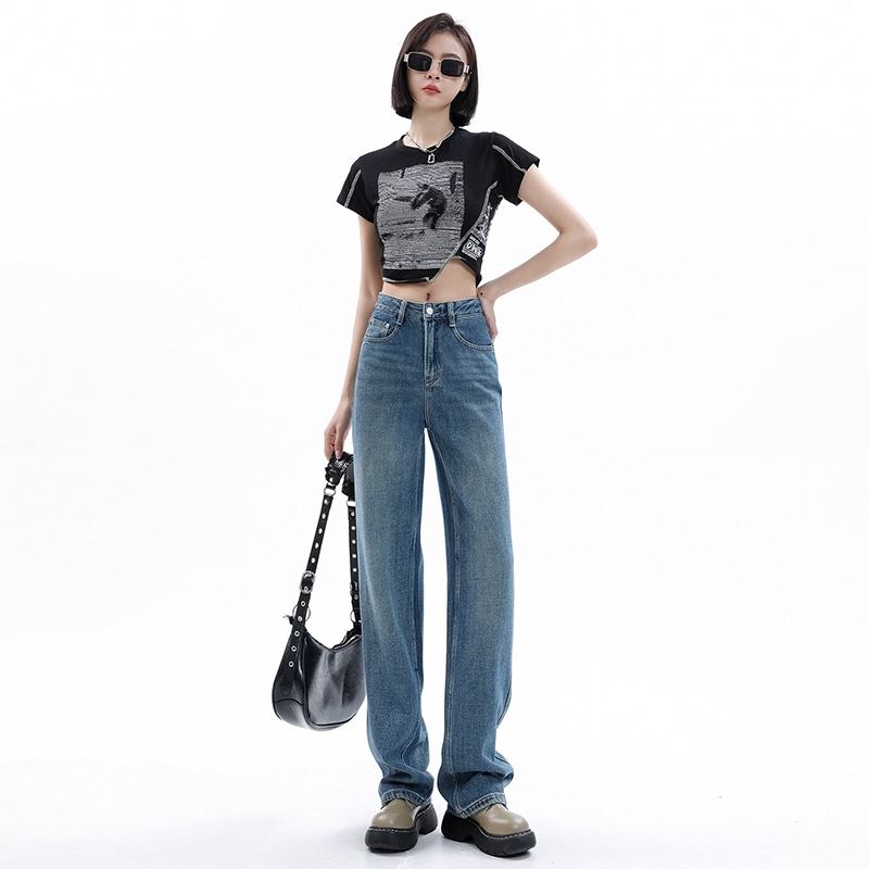 High Waist Jeans for Women 2023 Summer Thin Retro Loose Slimming Narrow Version Straight Wide Leg Mop Trousers Wholesale
