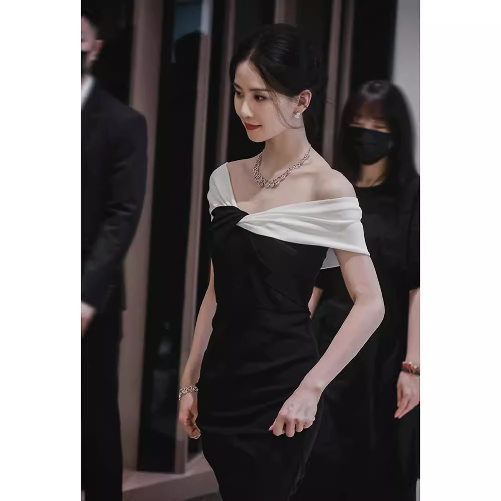 晚礼服刘诗诗同款高级感宴会气质一字肩黑色礼裙高端轻奢简单大方