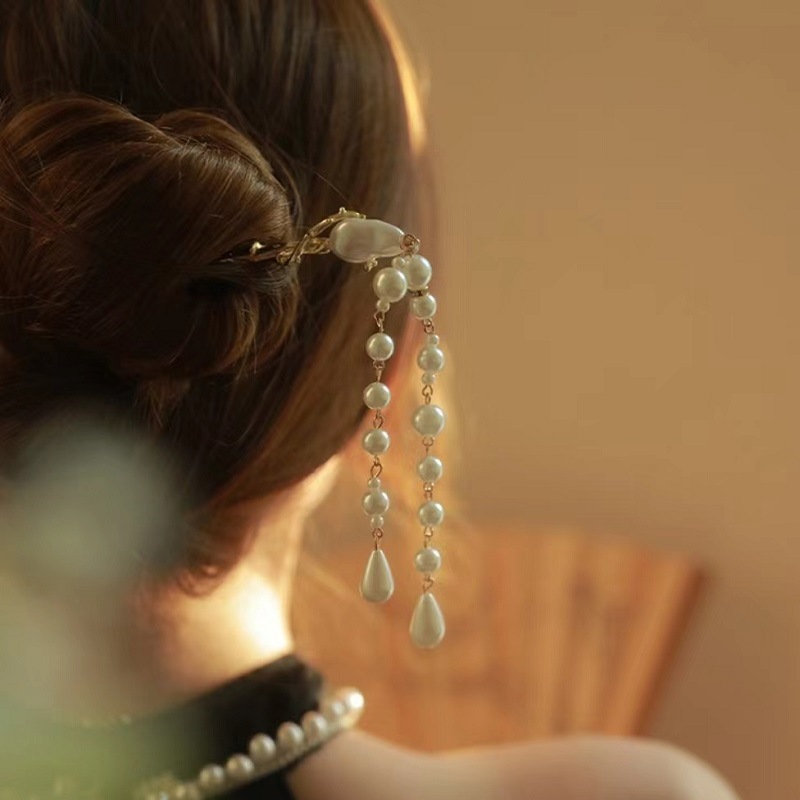 国风珍珠流苏发簪新款金属步摇发钗女复古丸子头盘发簪子旗袍头饰