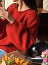 2024春季新款女装红色法式毛衣女打底温柔凡尔赛小众独特别致上衣