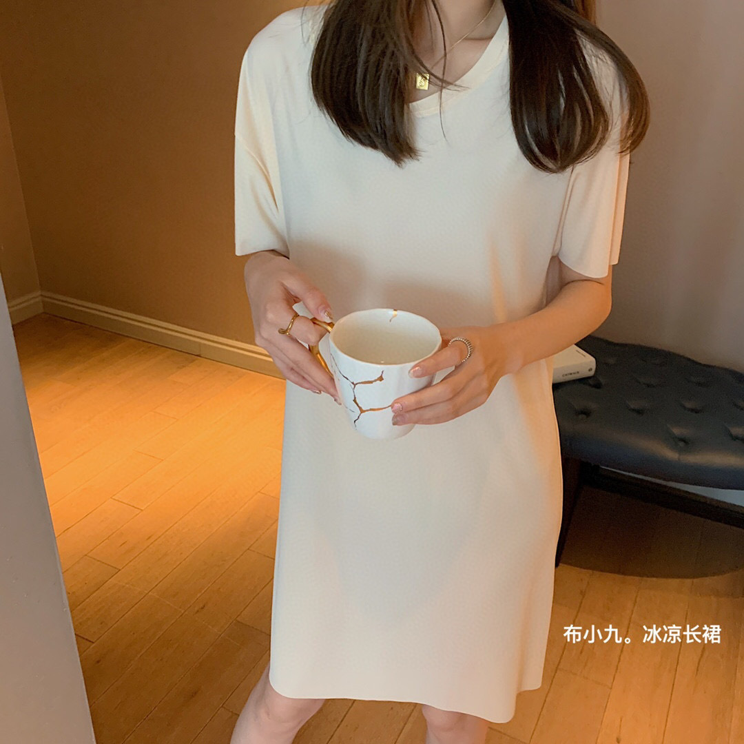 2023 New Korean Style Cool Long Dress Women's Summer Thin Outer Wear Pajamas Solid Color Casual Pajamas Cool Dress