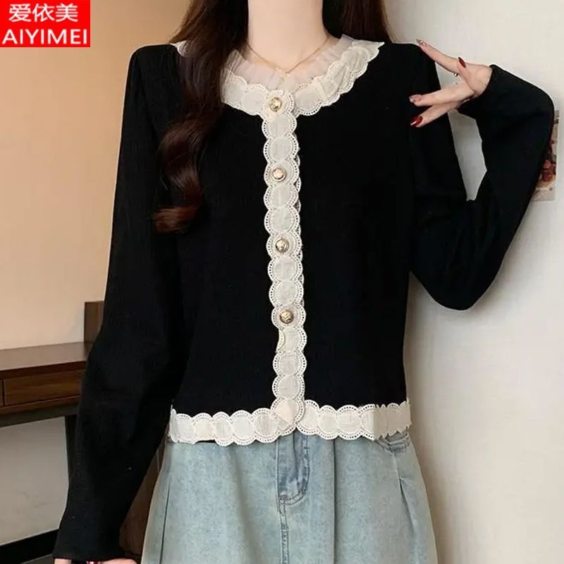 秋季新款法式蕾丝花边长袖打底衫女洋气百搭宽松遮肉减龄T恤上衣