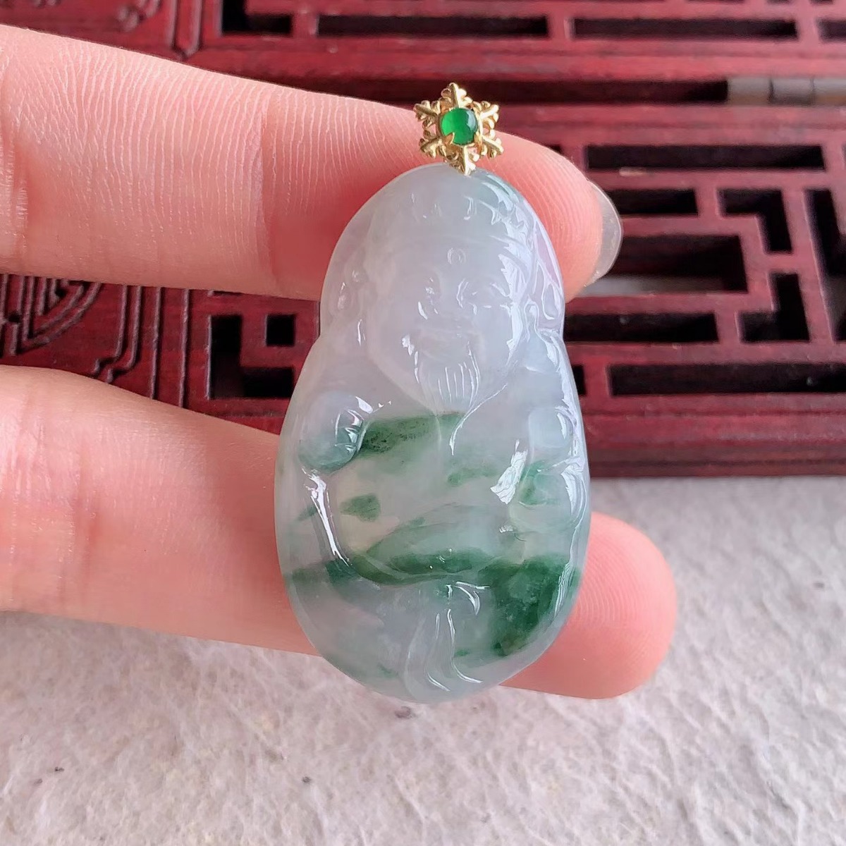 缅甸天然a货翡翠老坑18k飘花财神爷男女款吊坠35×21×5.4mm7.