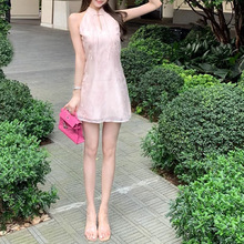 MENGXIANG 粉色新中式改良旗袍连衣裙夏季新款印花盘扣提花国风裙