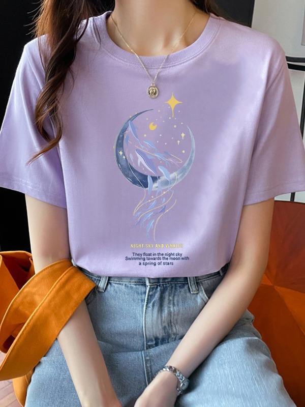 Loose-Fitting Pure Cotton Short Sleeves T-shirt Women's Summer Wear New Beautiful Top Design Printed Sweater Women's round Neck Spring and Autumn