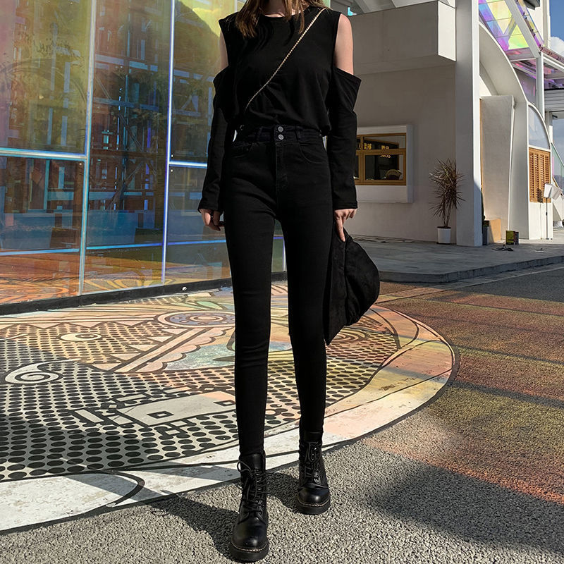 秋冬季高腰黑色裤子修身显瘦小脚牛仔裤女紧身弹力学生九分裤女潮