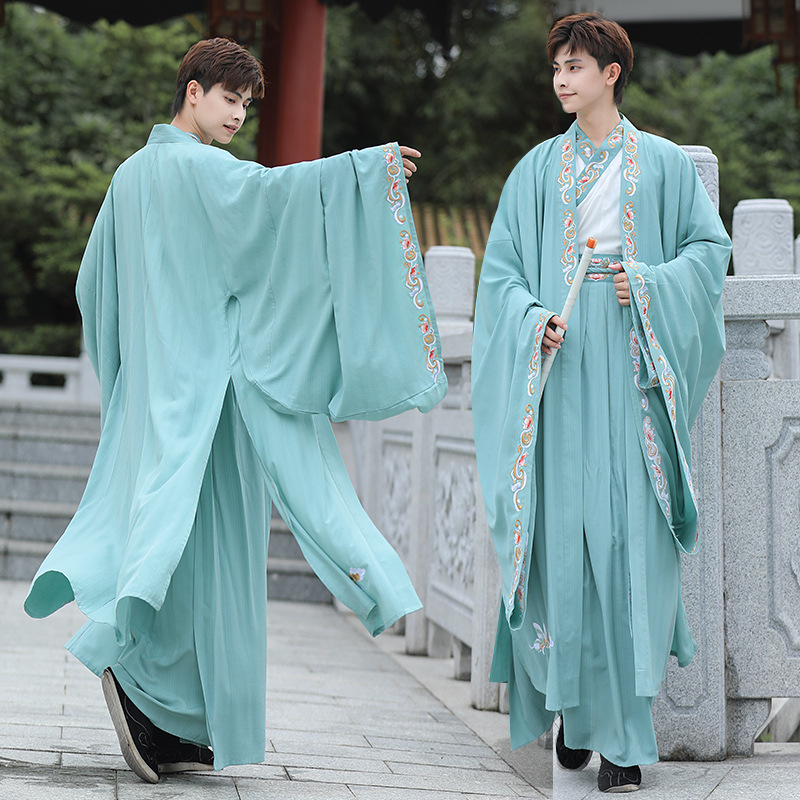 原创汉服男款清晰淡雅素色暗条纹 绣花魏晋风书生广袖套装