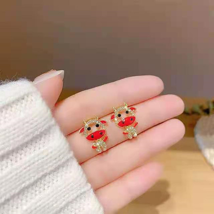 floral birth year chinese zodiac cow stud earrings for women cute exquisite petite earrings red festive earrings suitable for autumn and winter