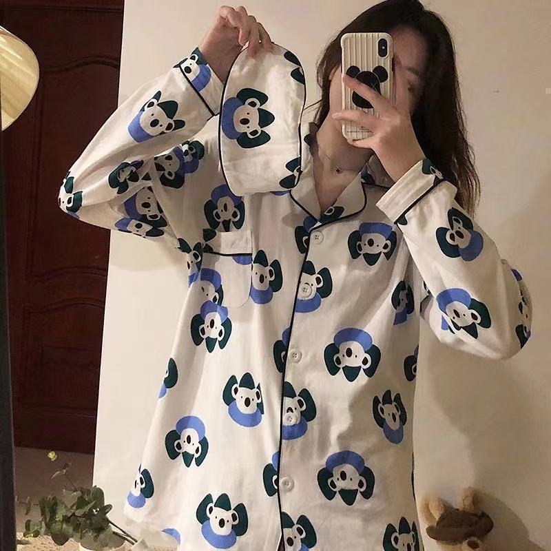 Strawberry Bear Pink Pajamas Women's Spring, Autumn and Winter Loose and Cute Cartoon Long Sleeve Trousers Home Wear Two-Piece Suit