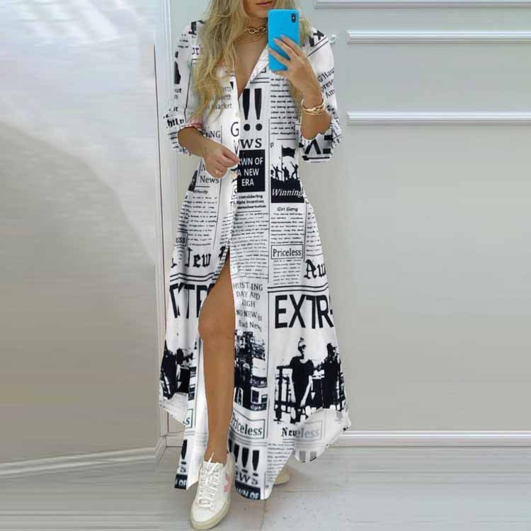 women clothes Spring 2023 Amazon Foreign Trade Wish Women's Clothing Temperament Printed Single-Breasted Split Shirt Dress Long Skirt