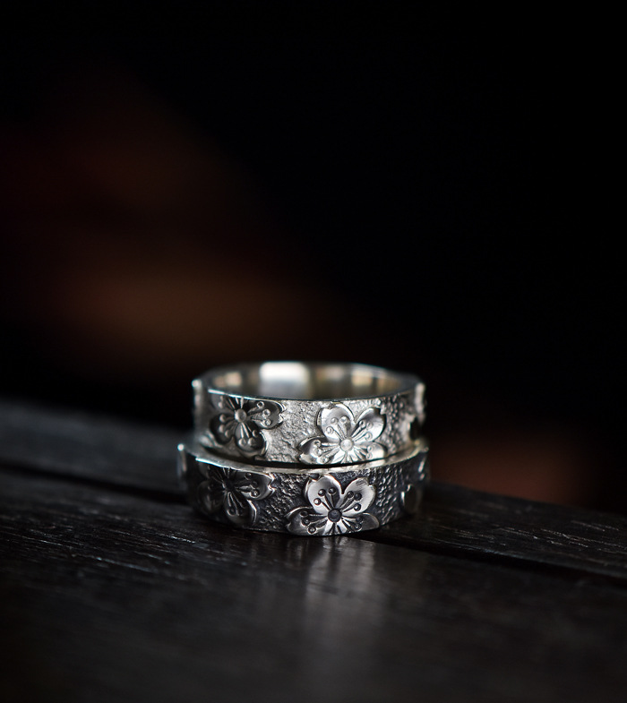 千叶原创手工錾刻樱花s925纯银戒指女复古个性小众情侣饰品