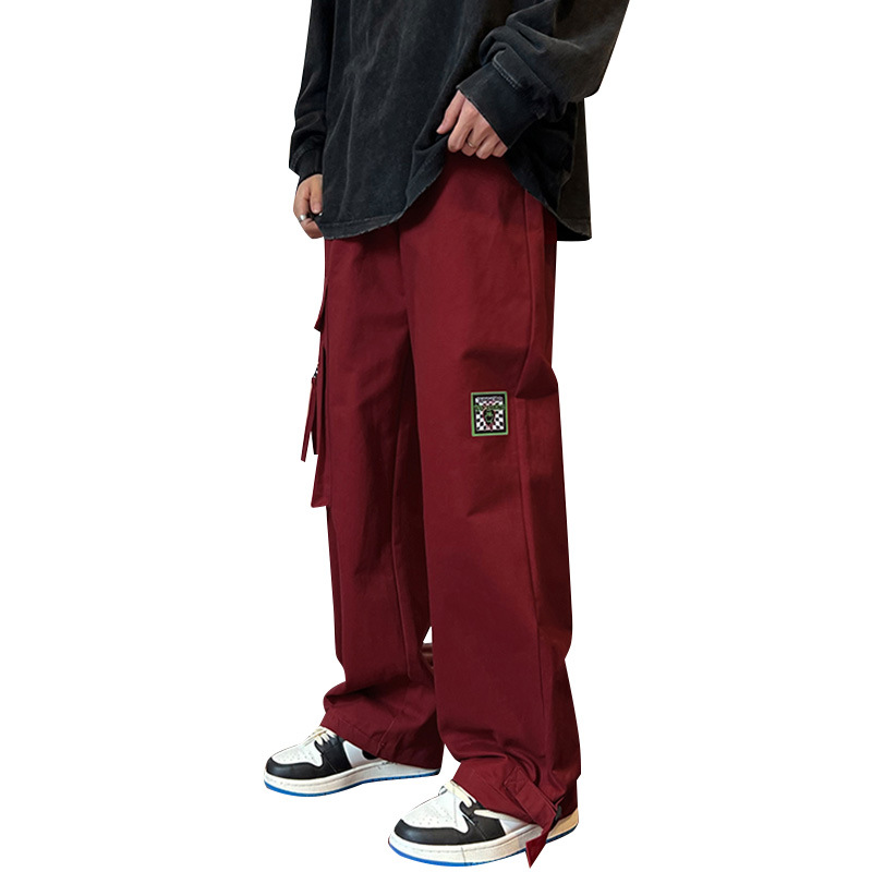   Wine Red Overalls Men's Autumn Hip Hop American Fashion Brand Casual Pants Ins Trendy oose Straight-eg Wide-eg Pants