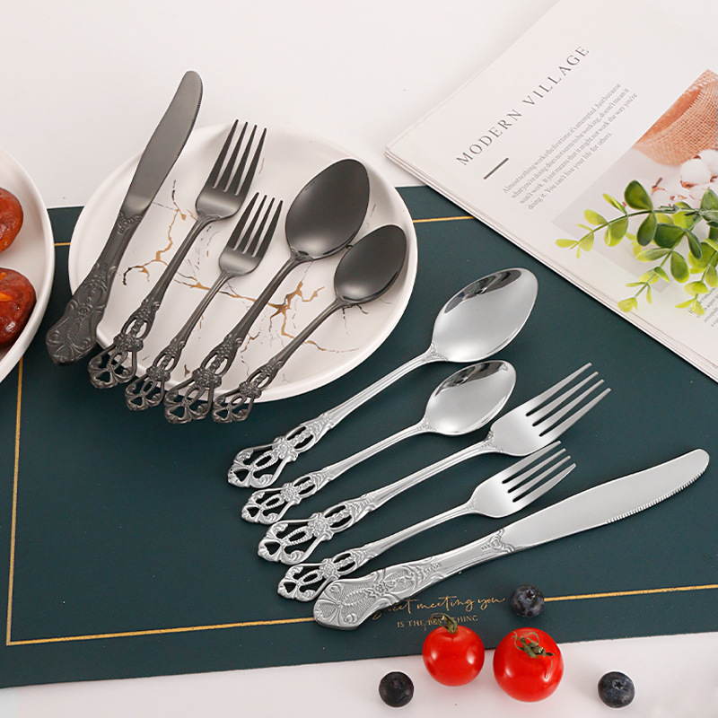 410 Stainless Steel Royal Court Hollow Relief Vintage Tableware 5-Piece Set Creative Hotel Western Restaurant Steak Knife, Fork and Spoon