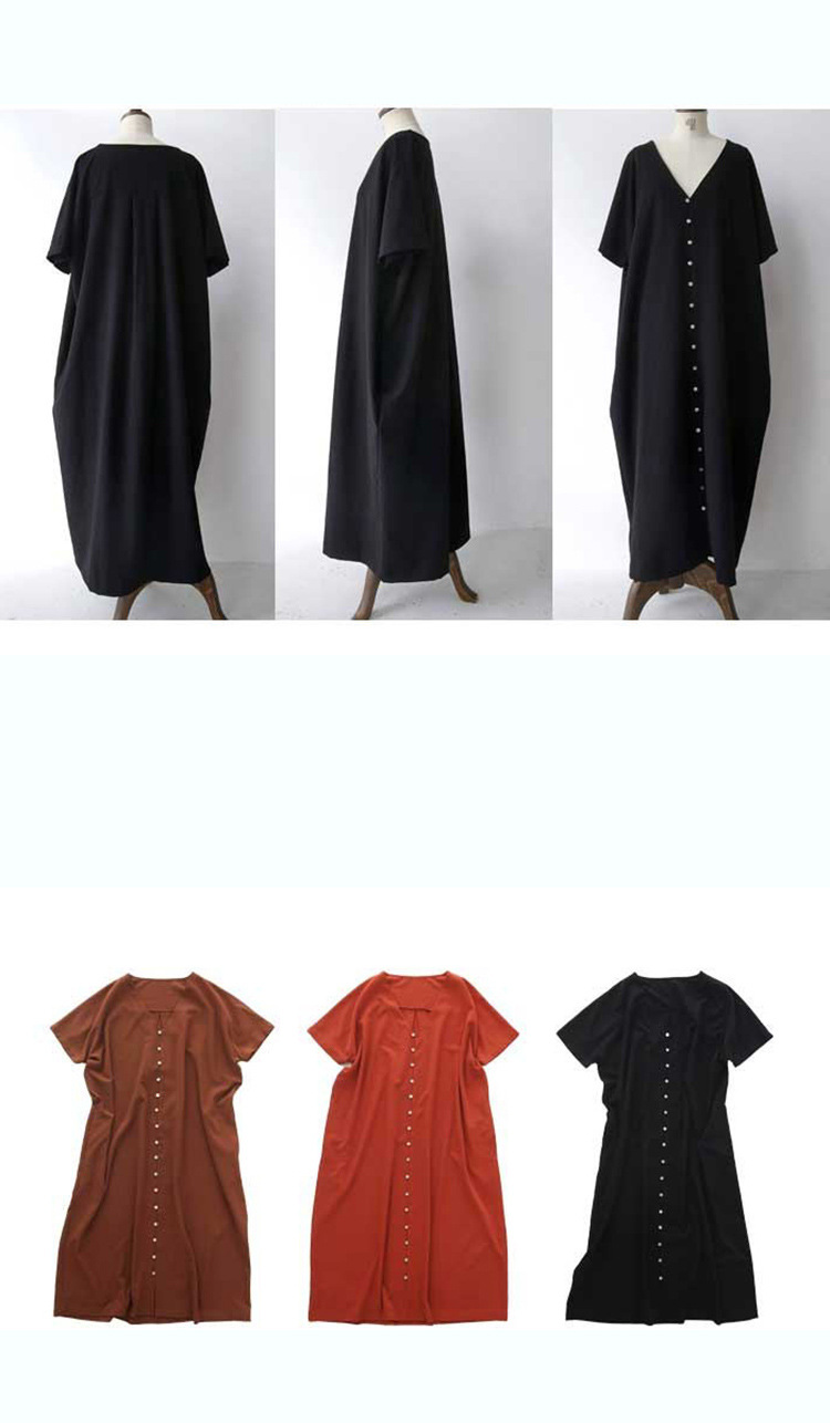 日韩风2021夏装新品大v领连衣裙宽松短袖长裙子