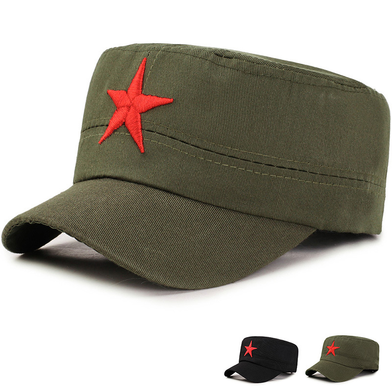 时尚平顶帽红色景区旅游纪念品棉质五角星作训户外平顶帽厂家批发