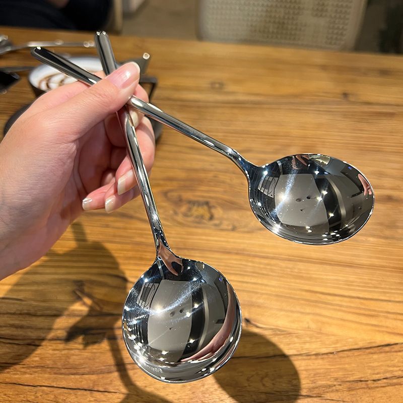 Stainless Steel round Spoon Creative Korean Big Spoon Western Food Long Spoon Eating Spoon Thickened Household Soup Drinking Spoon