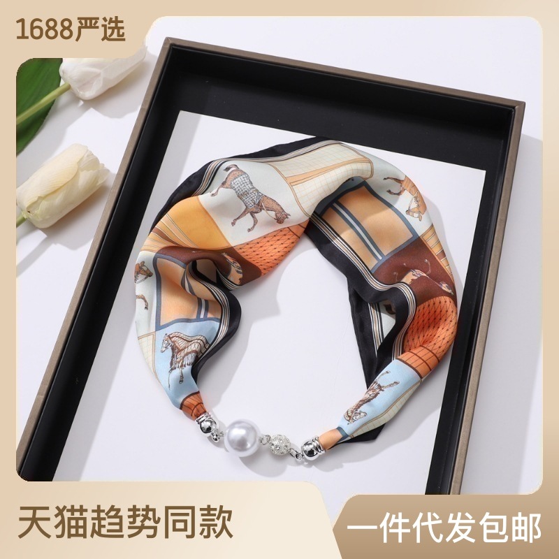 Magnetic Buckle Small Silk Scarf Scarf with Diamond Magnetic Buckle Small Silk Scarf Women's Necklace Magnetic Buckle Silk Scarf Hair Band Wholesale