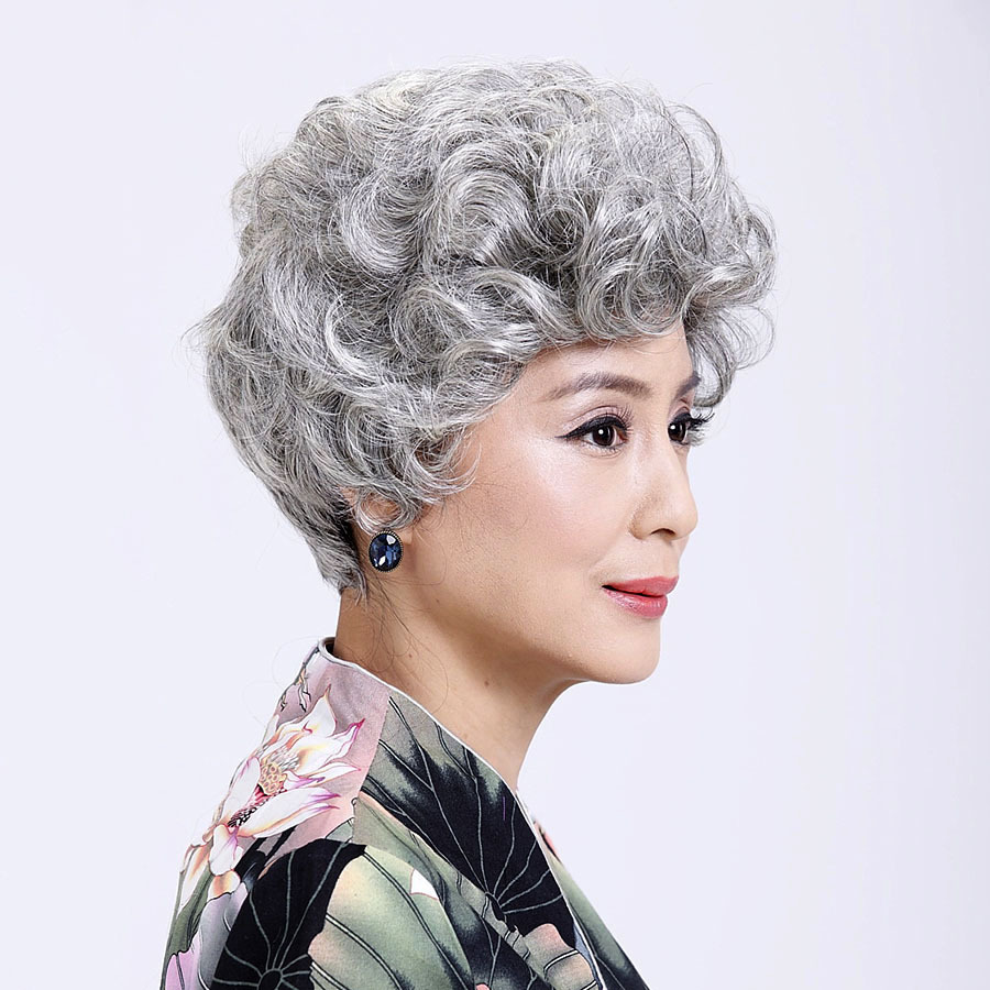 舞台演出老人花白中老年假发短卷发银白头发道具老奶奶老婆婆头套