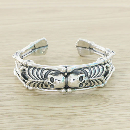 s925纯银男个性霸气摇滚骷髅头手镯 复古泰银夸张朋克风开口手环